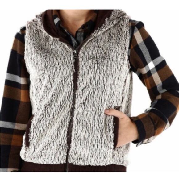 Patagonia Conejo Fuzzy Warm Faux Fur Hooded Brown Full Zip Vest Size Large - Picture 1 of 7